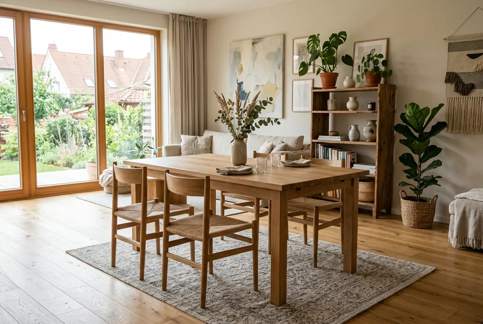Bild von gemini-3.1-flash-image: ein Esstisch aus Holz mit vier Stühlen auf einem Teppich in einem hellen Wohnzimmer mit Pflanzen und einer Glastür zum Garten.