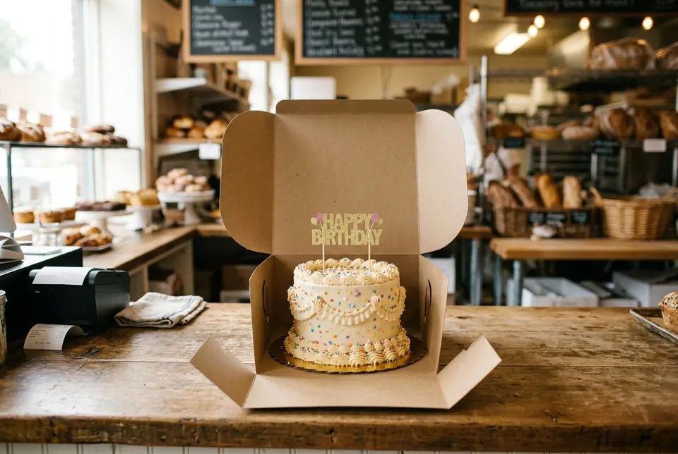 Bild von gemini-3.1-flash-image: eine kleine Geburtstagstorte mit einem „Happy Birthday“-Topper in einem geöffneten Karton auf einer Bäckereitheke, dahinter Kreidetafeln mit dem Angebot.