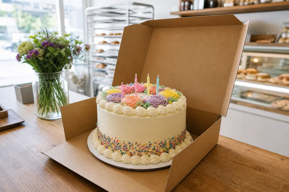Bild von gpt-image-2: eine Geburtstagstorte mit Kerzen und gespritzten Blüten in einem geöffneten Karton auf einer Holztheke in einer hellen Bäckerei.