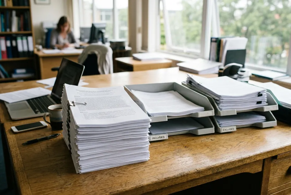 Bild von gemini-3.1-flash-image: Stapel ausgedruckter Papiere und beschriftete Sortierablagen auf einem Holzschreibtisch in einem Büro, im Hintergrund eine Person, die an einem Schreibtisch arbeitet.