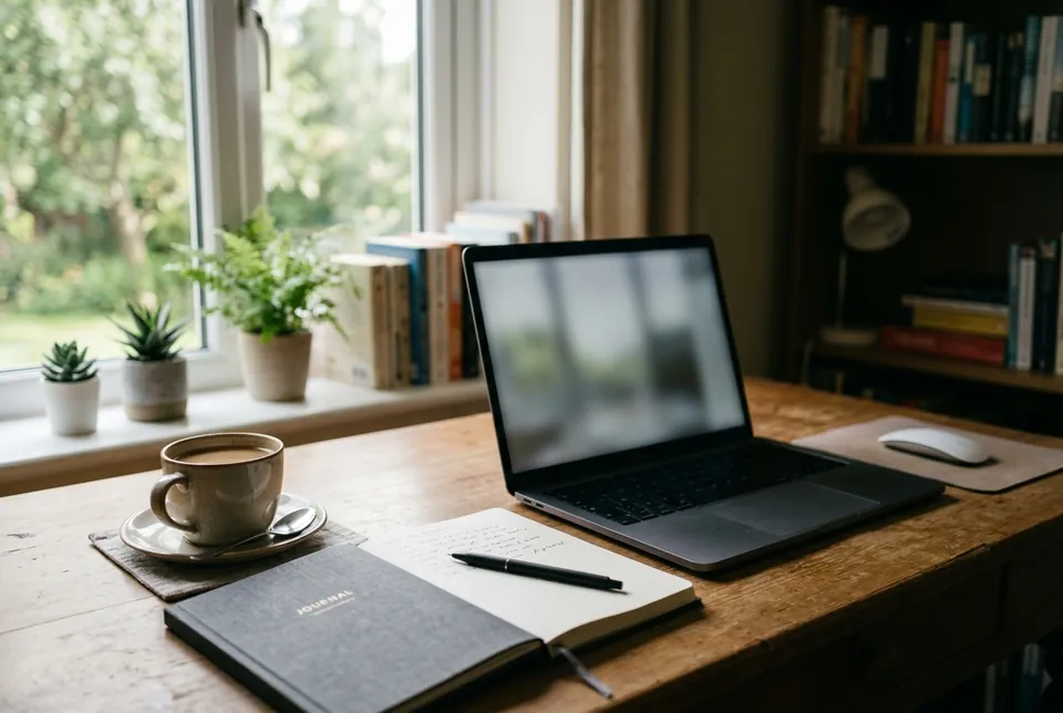 Bild von gemini-3.1-flash-image: ein Holzschreibtisch an einem Fenster mit einem aufgeklappten Laptop mit unscharfem Bildschirm, einer Tasse Kaffee auf einer Untertasse, einem Notizbuch und einem Stift.