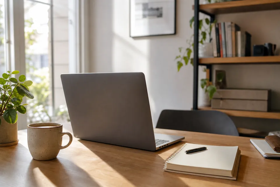 Bild von gpt-image-2: ein von hinten gesehener Laptop auf einem Holzschreibtisch in einem hellen Raum, mit einer Tasse Kaffee, einem geschlossenen Notizbuch und einem Stift, im Hintergrund Regale.